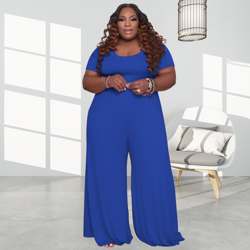 Plus Size Solid Round Neck Short Sleeve Wide Leg Jumpsuit Women s Plus High Stretch Jumpsuit