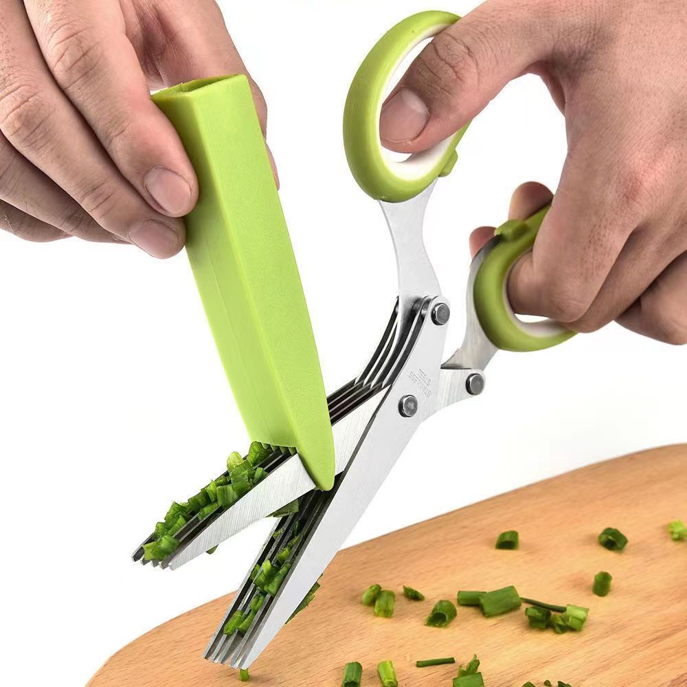 1pc Five-layer Herb Scissors With 5 Blades And Cover - Stainless