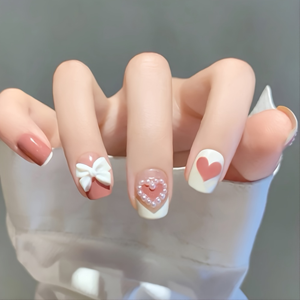 

Bowknot Press On Nails 24 Pcs Short Fake Nails Glue On Nails For Women Girls With Glue Sticker And Nails File