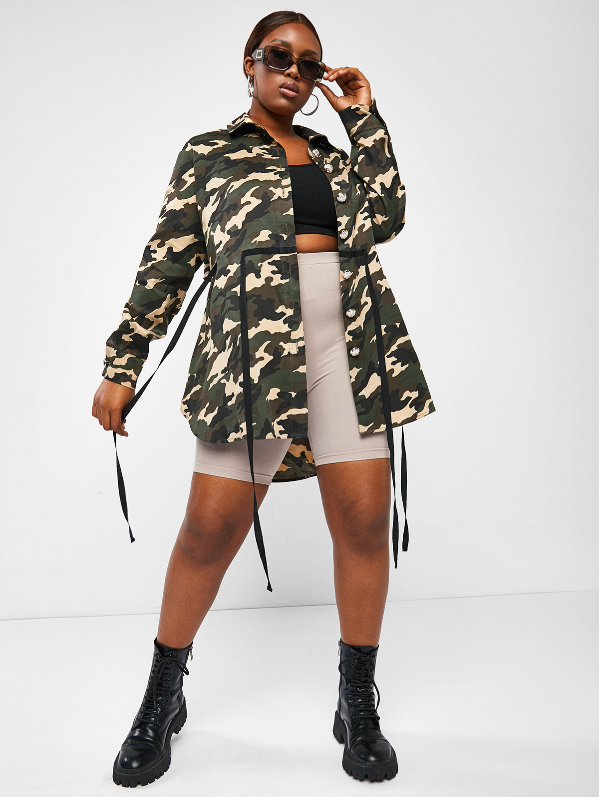 Plus Size Camo Print Button Front High Low Coat Women's Plus - Temu