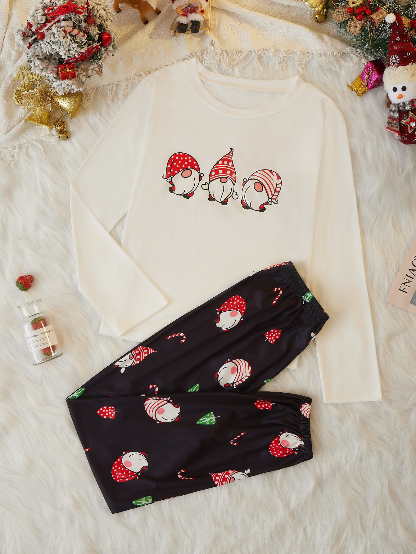 Dark Blue Long Sleeve Striped Pants Printed Christmas Pajamas Set