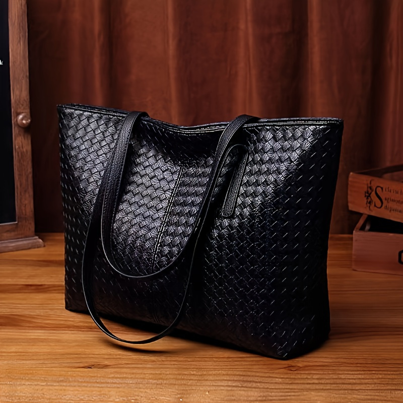 Large capacity tote bag black shoulder bag faux leather commuter bag