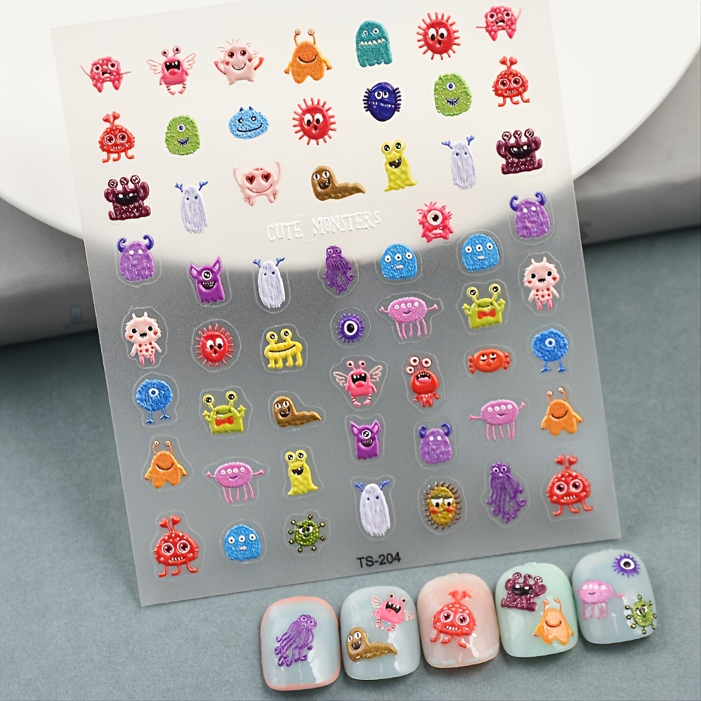 

5d Cute Monsters Nail Art Stickers - Waterproof, Self-adhesive Cartoon Creature Designs For Diy Manicure, , Fun & Animal Theme, Nail Decals For Nail Art, Nail Stickers