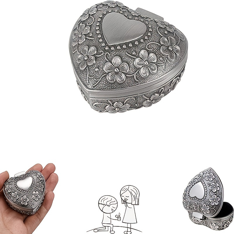 

1pc Vintage Heart Shape Jewelry Box - Small Antique Ring/earrings/necklace Storage Organizer Case, Metal Treasure Chest Trinket Keepsake Gift Box