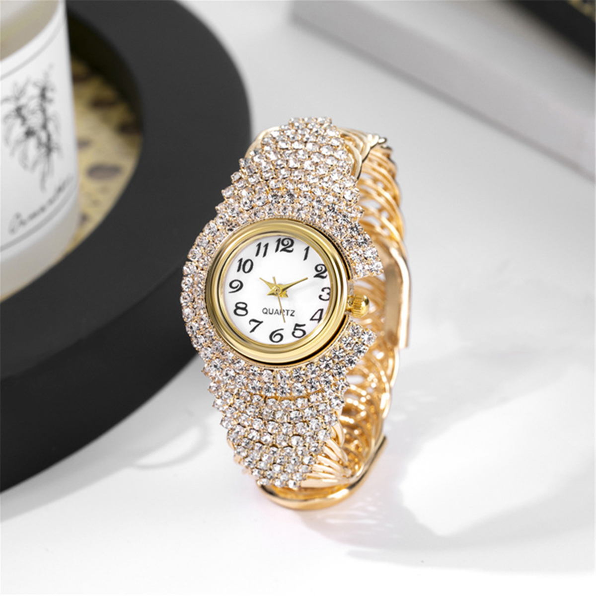 women girls elegant crystal bangle bracelet round dial analog quartz wristwatch golden 5