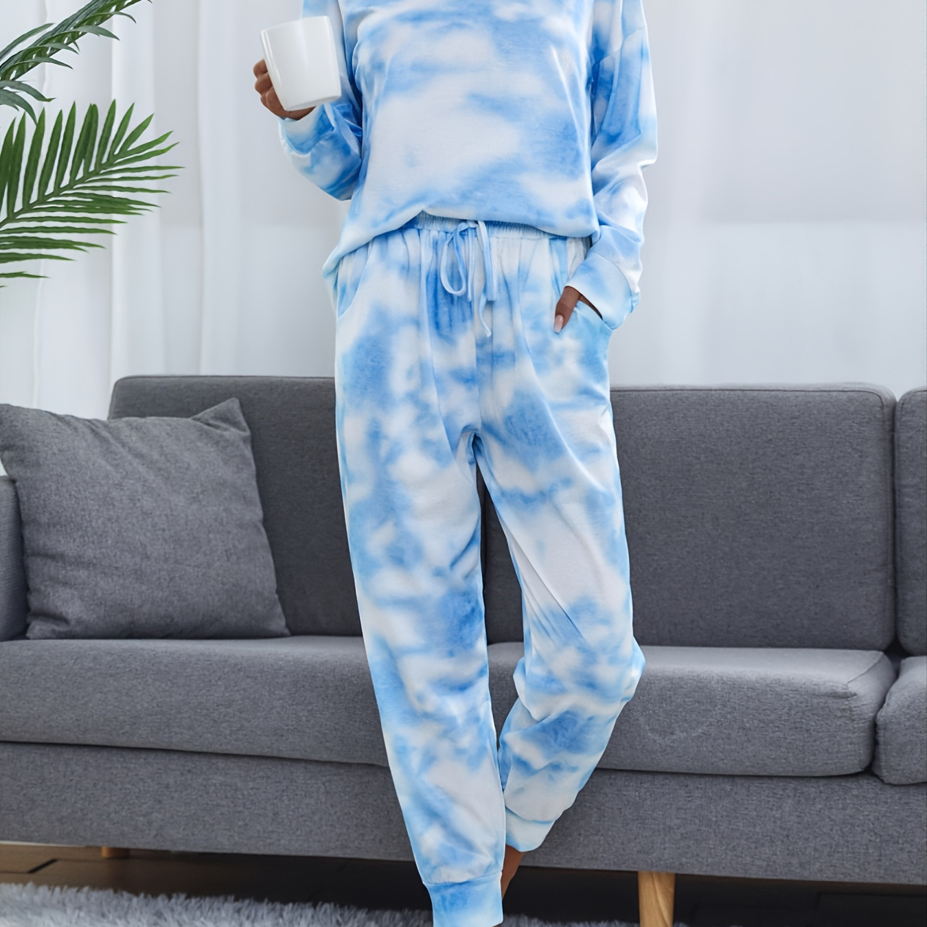 Casual Print Pantsuits Two-piece Set, Drop Shoulder Pullover Tops & Loose Long Pants Set, Women's Clothing