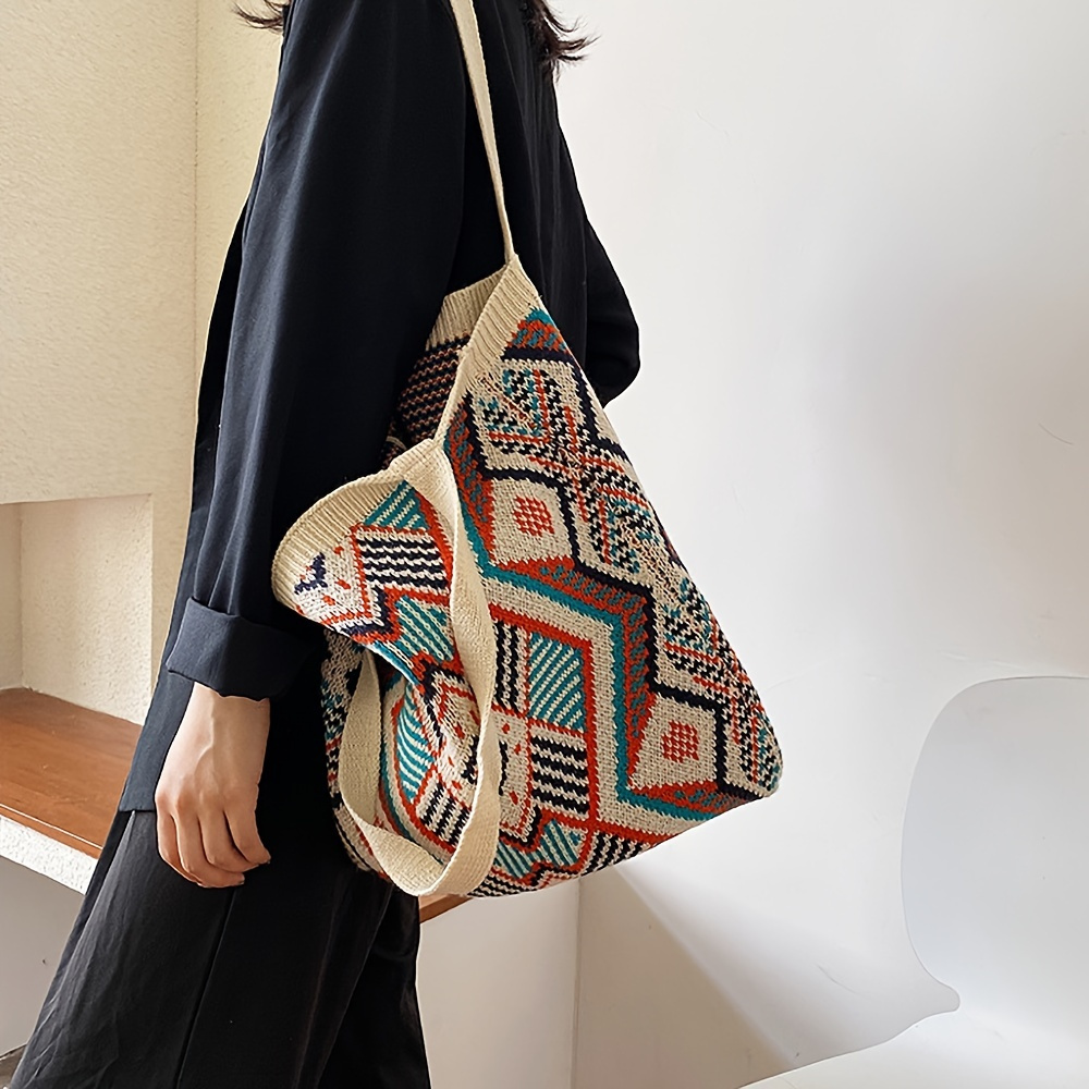 Geometric Graphic Handbag, Knitting Design Tote Bag Trendy Versatile Foldable Shopper Bag