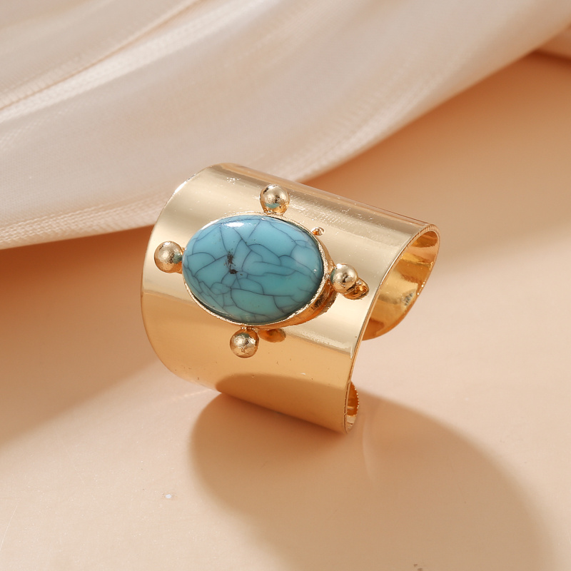 TEMU Vintage Boho Azul Turquesa Anillo Abierto Ajustable 18K Chapado En Oro Joyería De Lujo Fiesta Vacaciones Decoración Para Mujeres Niñas Regalo