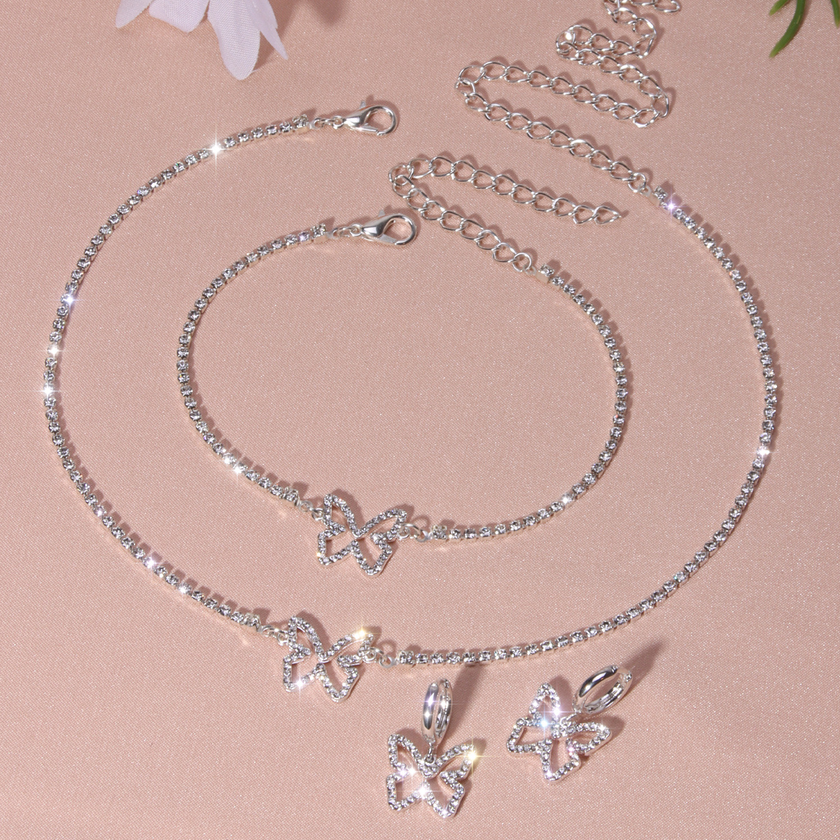 TEMU Full Rhinestone Butterfly Decor Jewelry Set With Choker Necklace & Chain Bracelet & Dangle Earrings Adjustable Jewelry Set