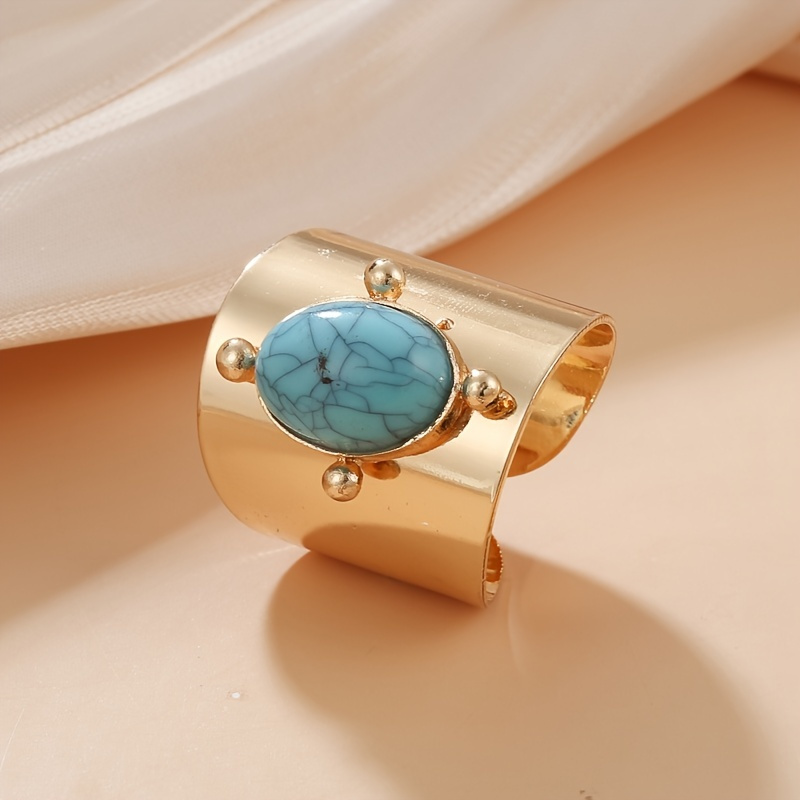 

Vintage Boho Blue Turquoise Open Ring Adjustable 18k Gold Plated Luxury Jewelry Party Holiday Decor For Women Girls Gift