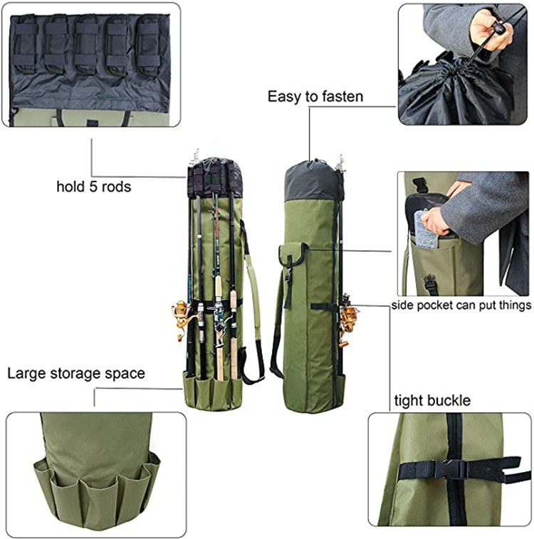 160cm 5ft Fishing Rod Carrier Bag Folding Waterproof Fishing Pole Tools  Storage with 5 Side Pockets Bag Case Large Capacity Travel Holder Fishing  Gear