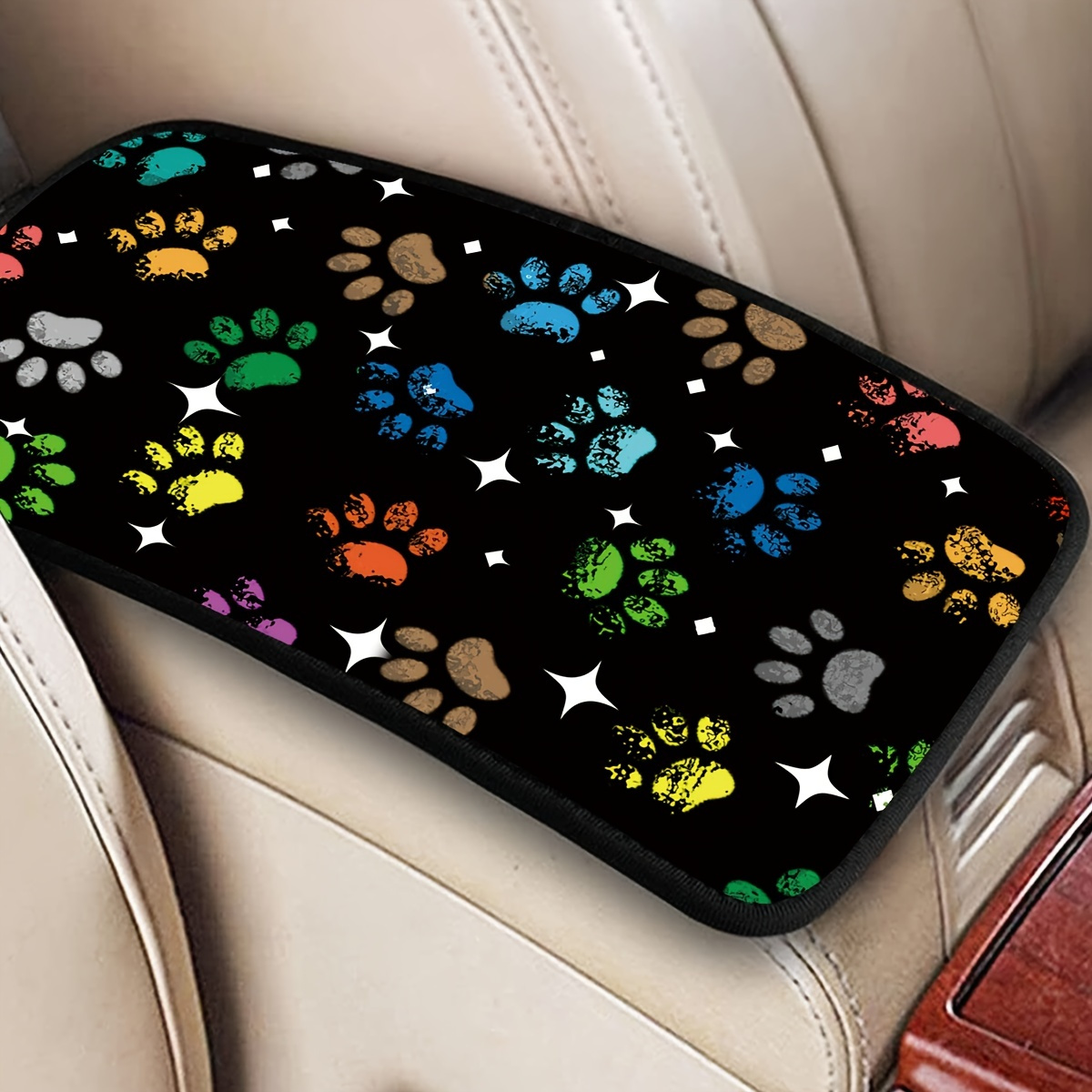 

Star Pattern Dog Paws Print Armrest Box Mat, Cute Cartoon Multicolor Dog Paws Armrest Box Protector Center Console Cover Car Decoration Accessories