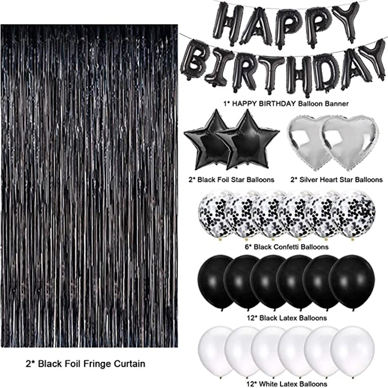 ANSOMO ansomo black and white happy birthday party decorations, 30 pcs  balloons banner foil fringe curtains, for men women
