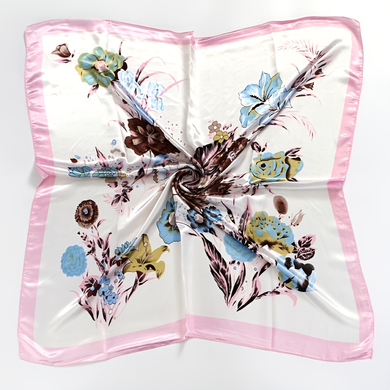 Vintage Flower Print Square Scarf Satin Shawl Windproof Head Wrap