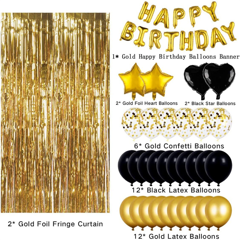 Black Gold Birthday Party Decorations for Men Boys with Happy Birthday Banner,Circle Dots Garland,Fringe Curtains,Paper Tassels Garland,Butterfly