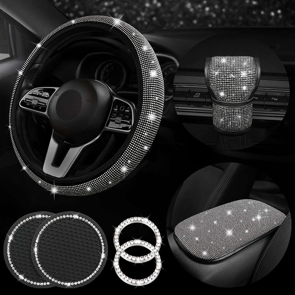 

7pcs/set Car Decoration Kit, White Artificial Diamond Car Steering Wheel Cover, Center Console Cover Pad, Gear Shift Cover, Ignition Ring, Car Coaster