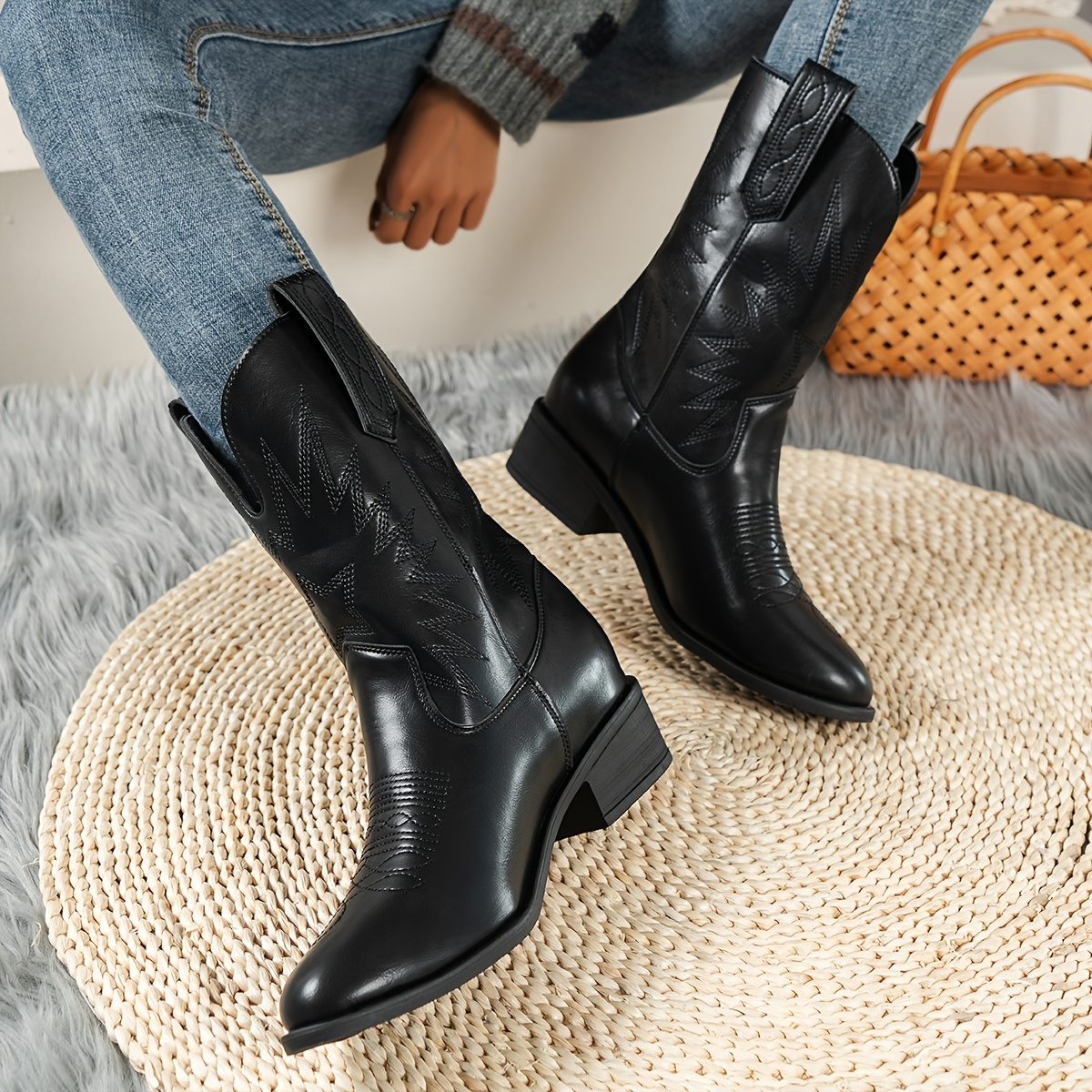 Women's Low Heel Round Toe Western Mid Calf Boots, Black V-cut Slip On Block Heel Shoes, Cowgirl Boots