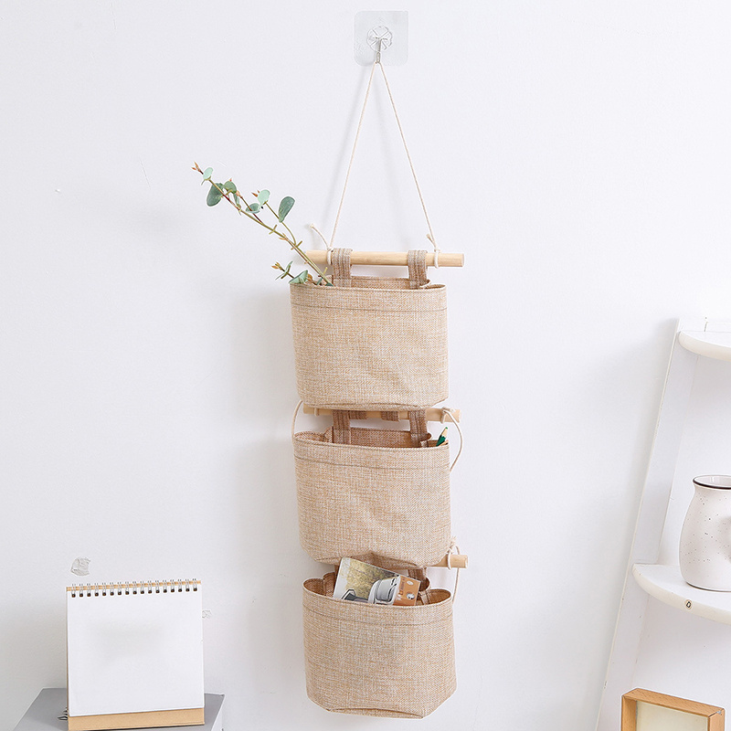 9 Pieces Mini Wall Hanging Storage Bags Small Cotton Linen Storage Basket  Foldable Storage Family Organizer Box Decorative Hanging Bag (Cute)