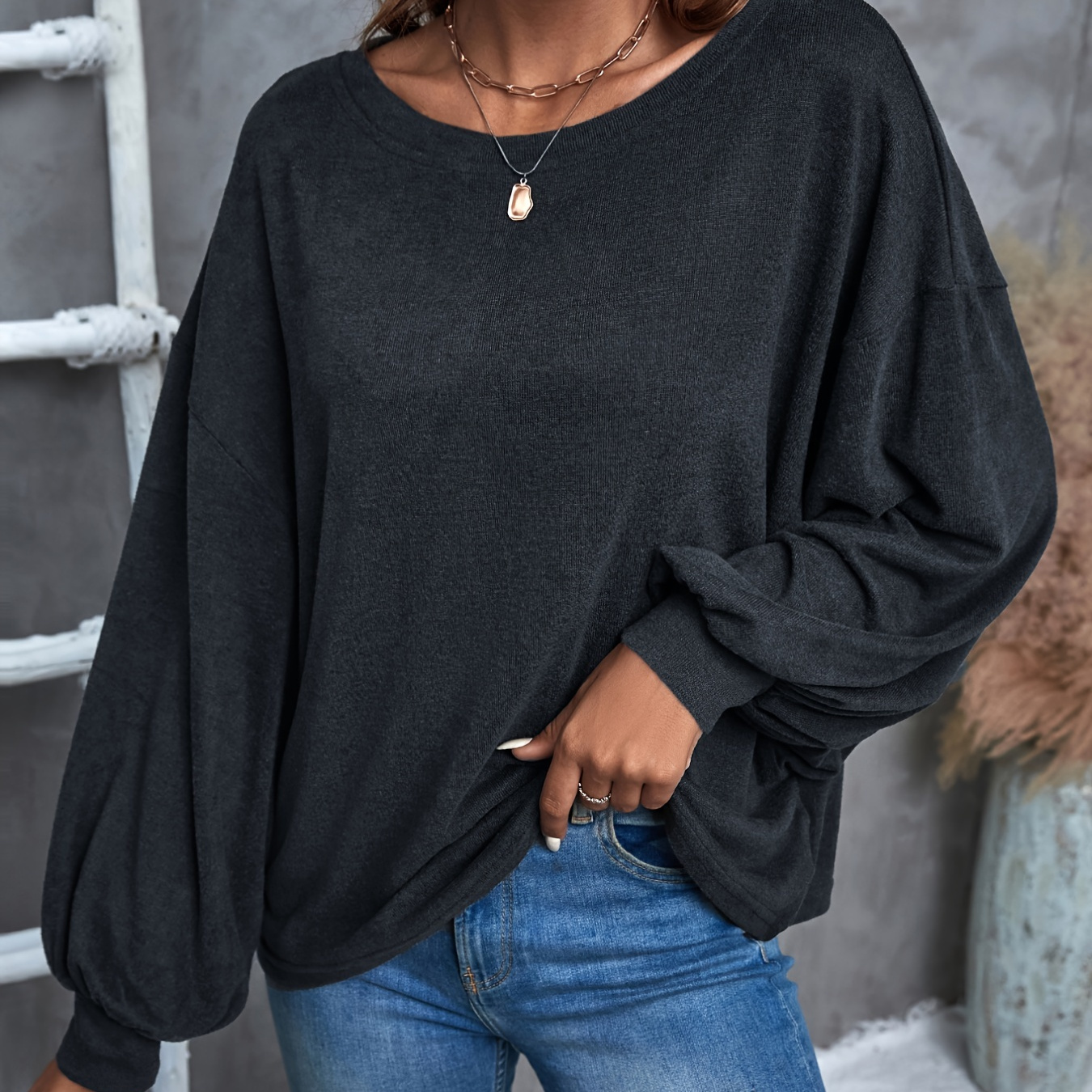 Solid Crew Neck Sweater Casual Long Sleeve Drop Shoulder - Temu