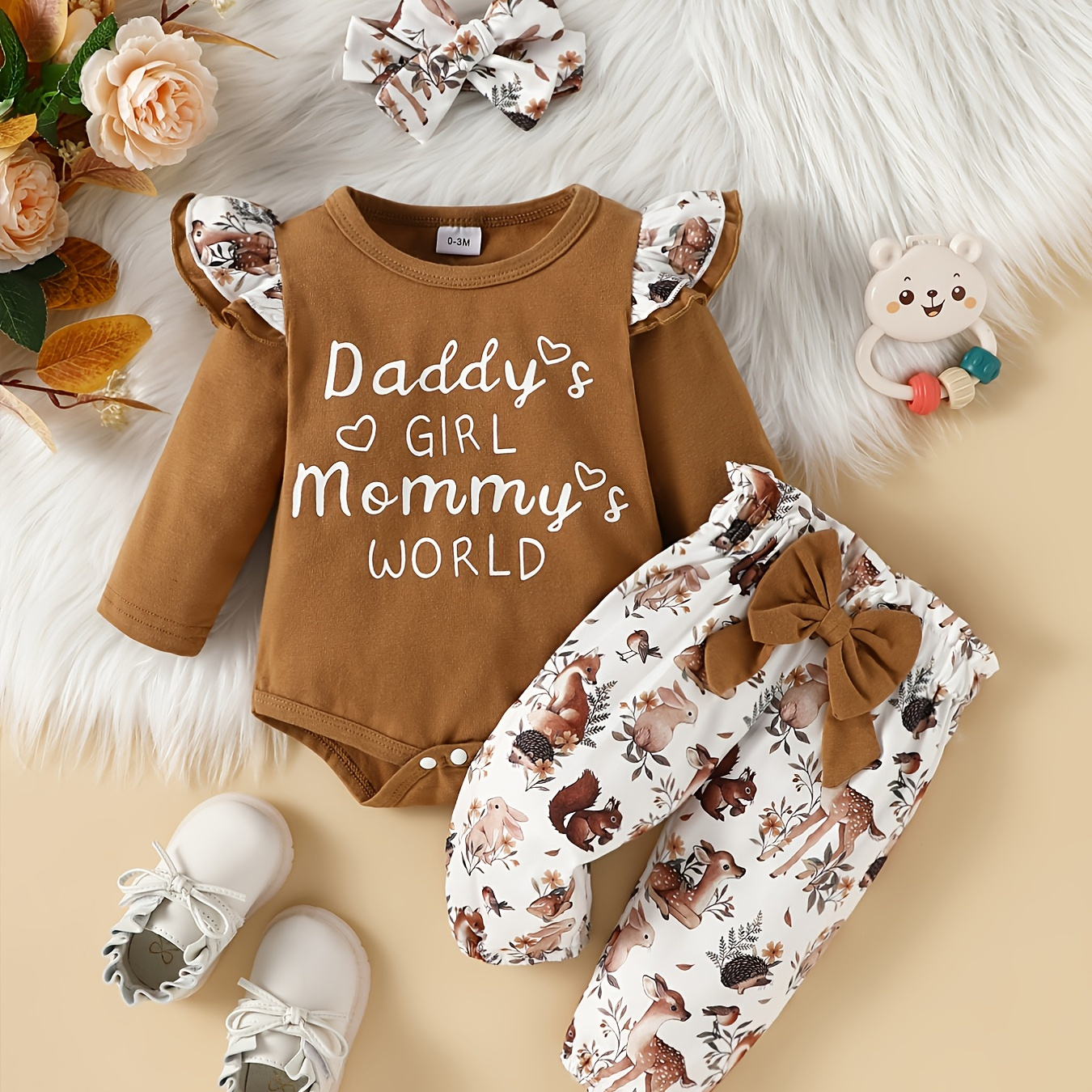 

Adorable 3pcs Outfit For Baby Girls - Romper, Ruffle Sleeve Bodysuit, Cartoon Print Pants & Headband Set!