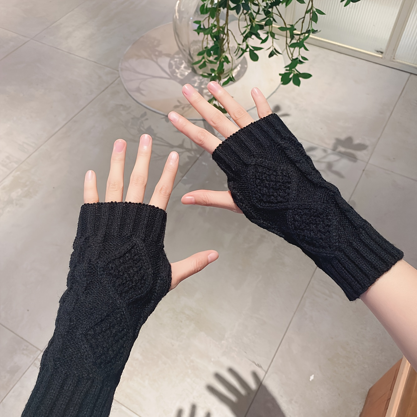 Knit Fingerless Gloves, Black