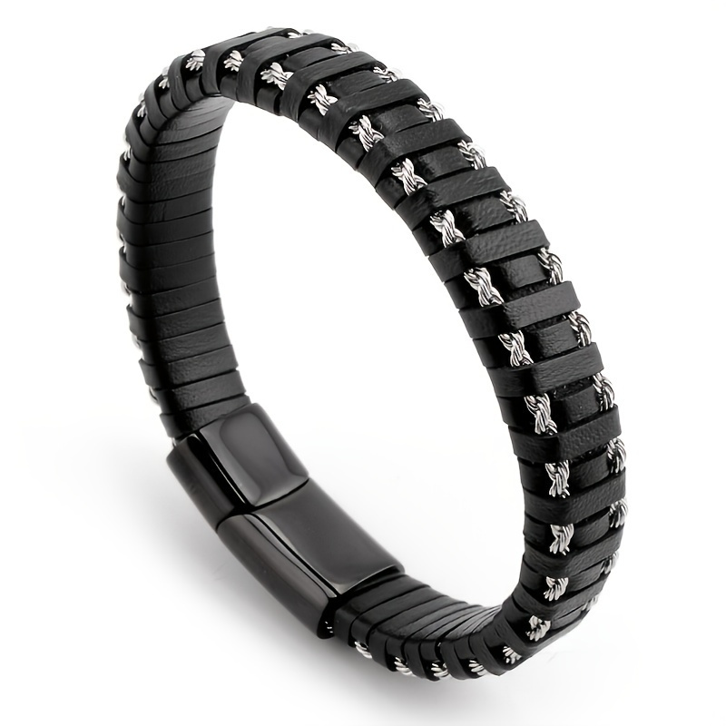 1 Pulsera De Cuerda De Cuero Para Hombre, Pulsera Con Hebilla De Acero  Inoxidable Con Imán De Moda, Pulsera Negra - Temu Spain