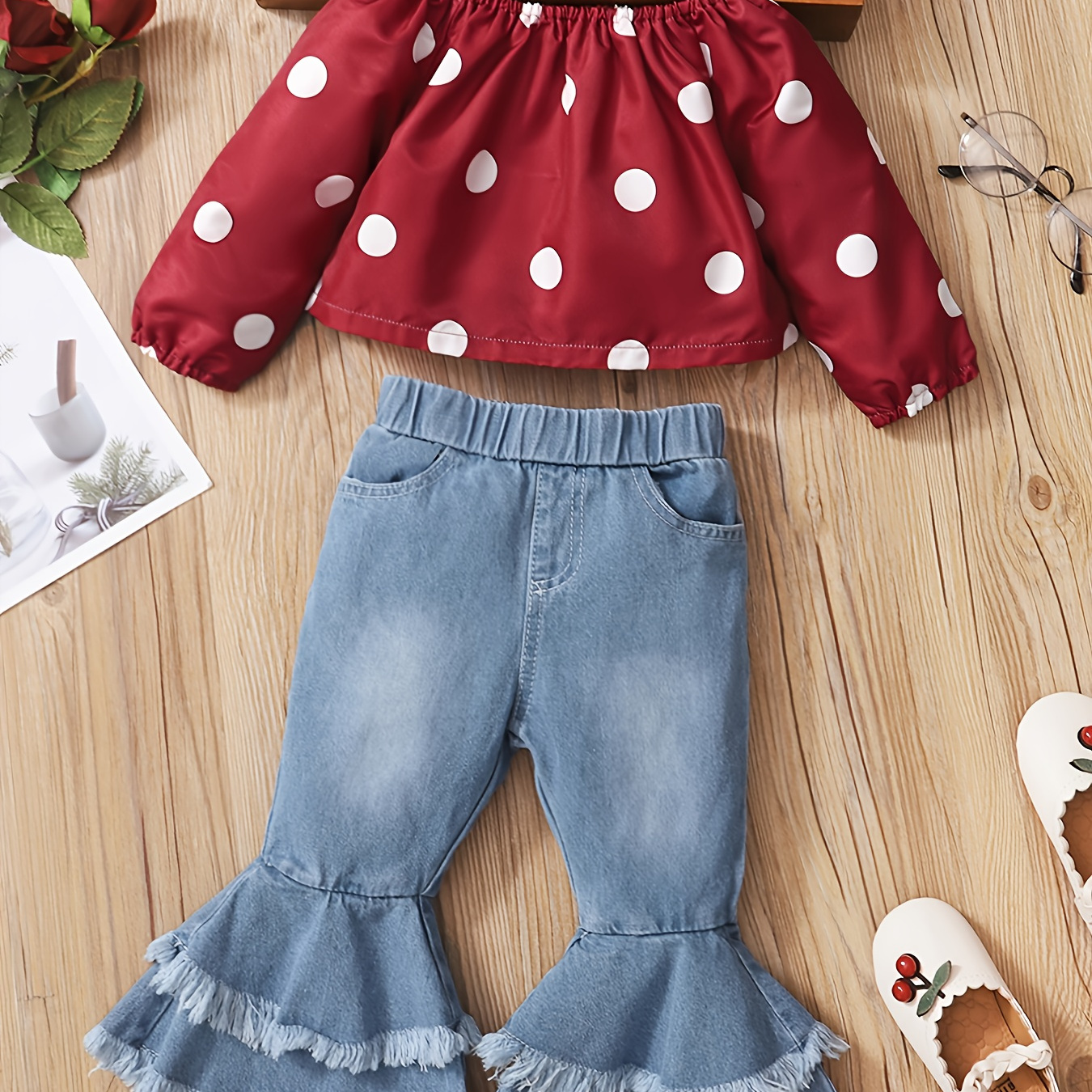 Baby Girls Off Shoulder Top & Flared Jeans For Fall Winter New