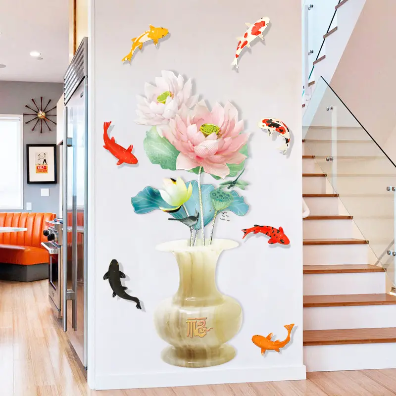 1pc stile cinese 3D loto e pesce koi adesivi murali vinile grandi  decalcomanie da muro decorazioni artistiche arredamento per camera da letto  soggiorn