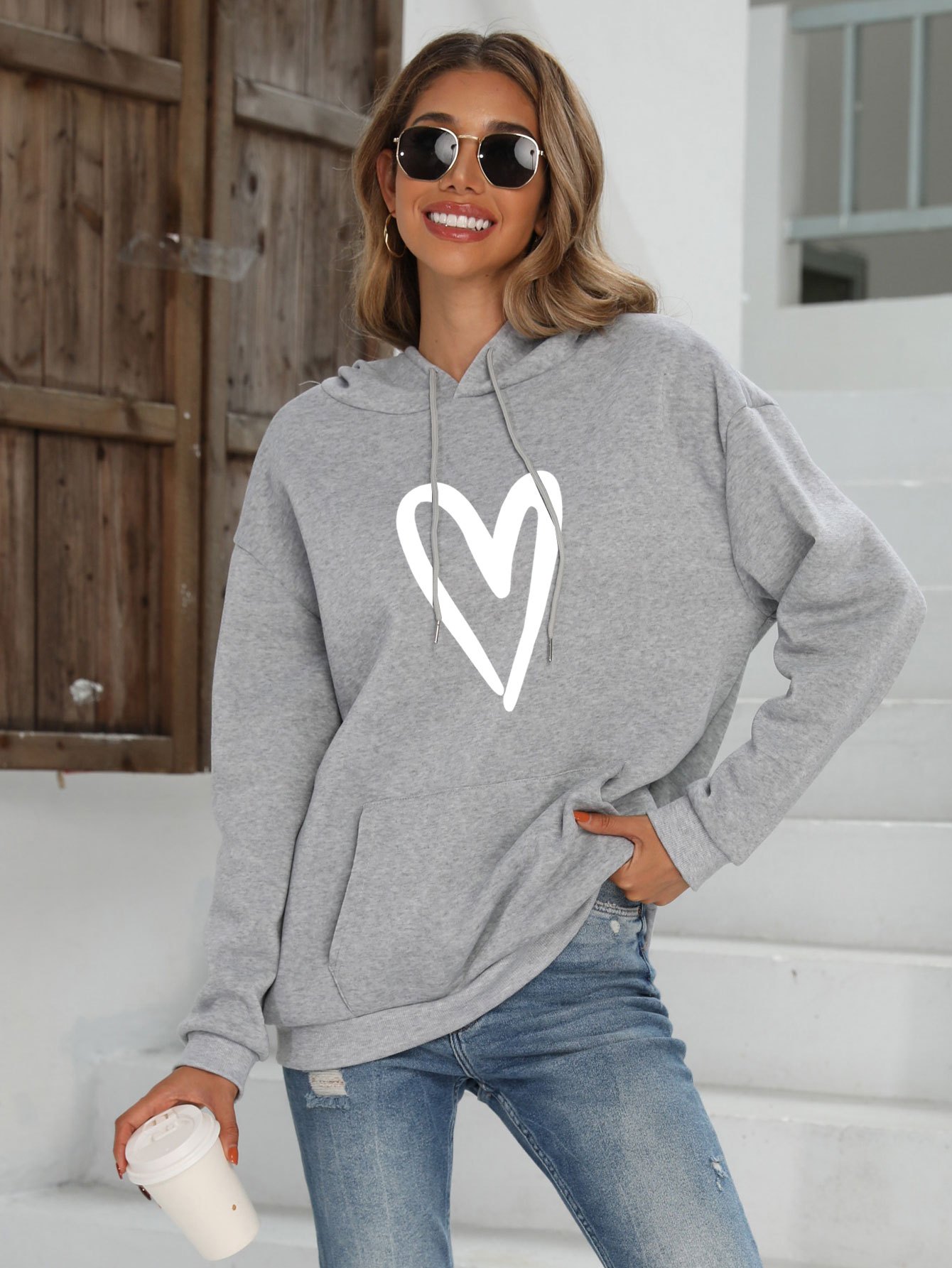 Heart Print Pocket Drawstring Hooded, Warm Long Sleeve Pullover Crew Neck  Sweater, Hauts Casual Pour Lautomne Et Lhiver, Vêtements Pour Femmes |  Achetez Plus, Économisez Plus | Temu France