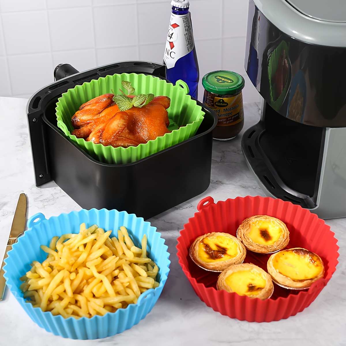

3/4/5pcs Reusable Silicone Air Fryer Liners - 3-5 Qt Capacity - Flame-resistant And Easy To Clean - Red And Blue - Oven-safe Accessories