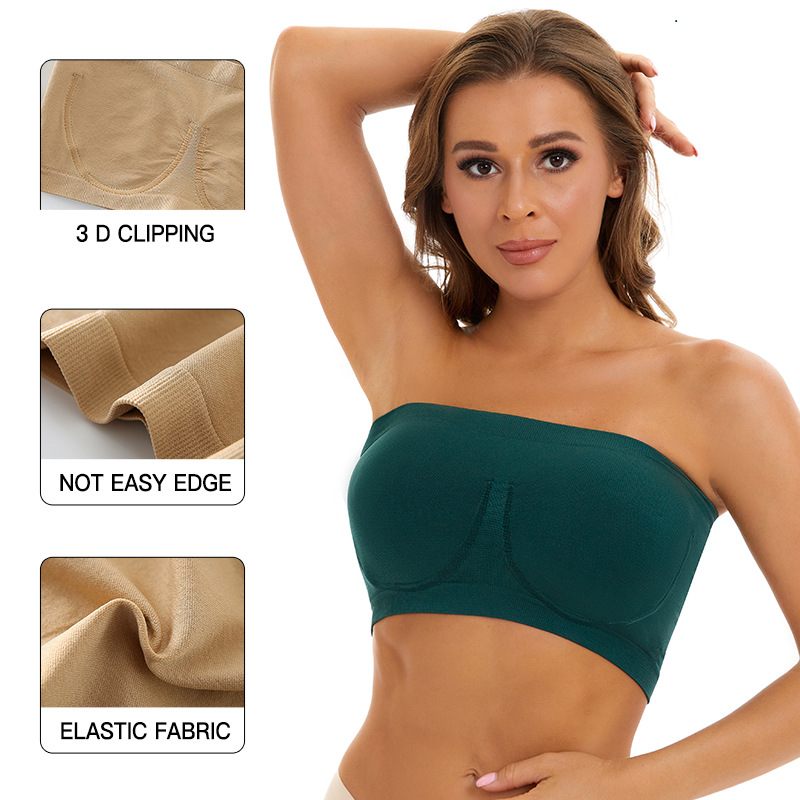 Wireless Bra Strapless Bras Bust Bandeau Padded Seamless Tube Top Intimate  with Good Elasticity Basic Style for Evening Dress navy blue