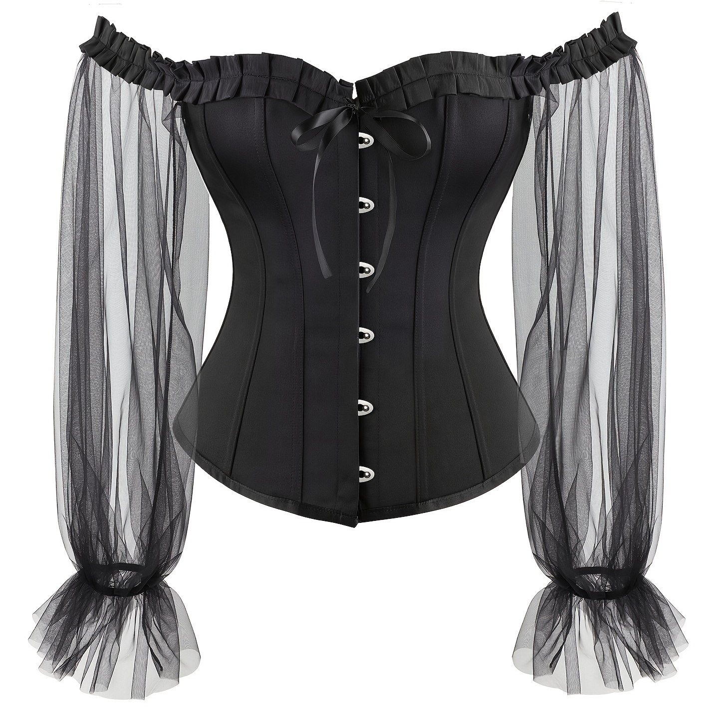 Off Shoulder Neck Corsets For Women Sheer Mesh Long Puff Sleeve Overbust Corset Gothic Lace-up Boned Bustier Tops Black