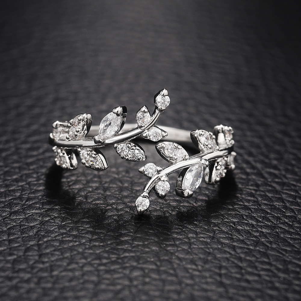 Leaf Shape Adjustable Cuff Ring with Zircon, Delicate