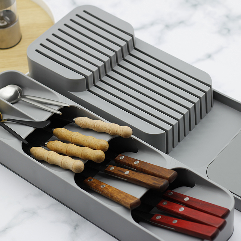 Organizador de cajones para cuchillos de cocina, bandeja de 2 niveles,  cajón con capacidad para 11 cuchillos (no incluidos) y bandeja organizadora  de