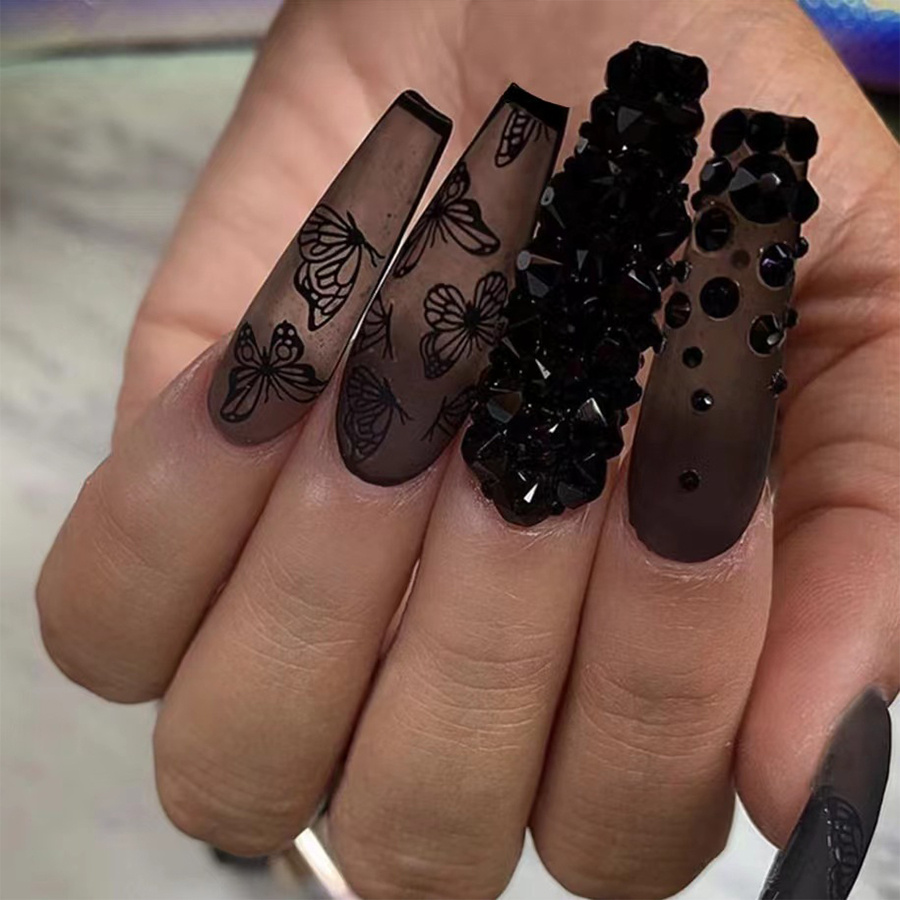 Long Press on Nails Square Acrylic Nails Black Fake Nails with Red Nail Gem  Designs False Nails Extra Long Coffin Glue on Nails Artificial Stick on