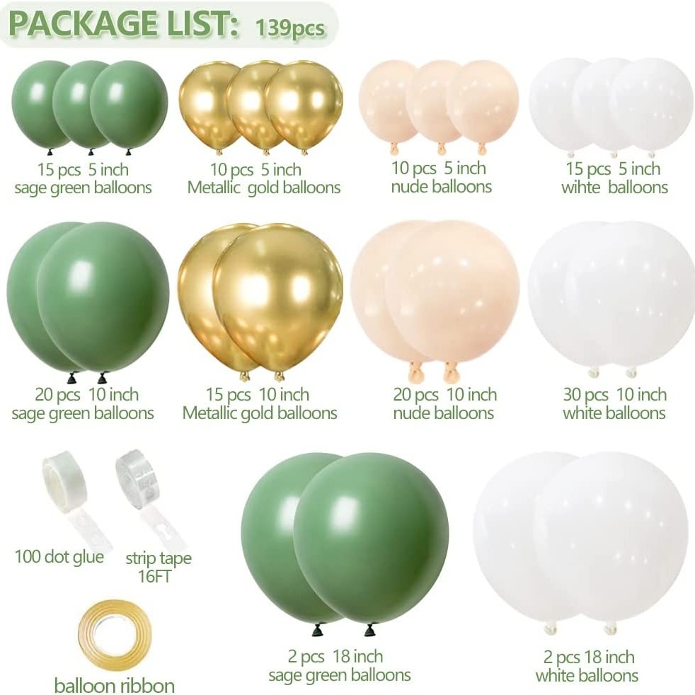 125pcs Sauge Kit de Guirlande de Ballon Vert Vivant Vert Or Blanc Confettis  et Ballons Métalliques Or pour Fête d'Anniversaire de Mariage Décorations  de Douche de Bébé Jungle Ballons Safari 