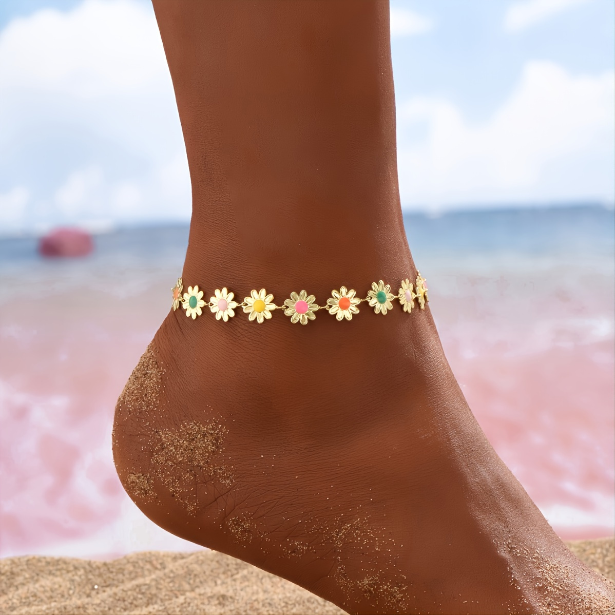 

Flower Shape Beaded Anklet Candy Color Dainty Ankle Bracelet Personality Adjustable Foot Jewelry Party Gift
