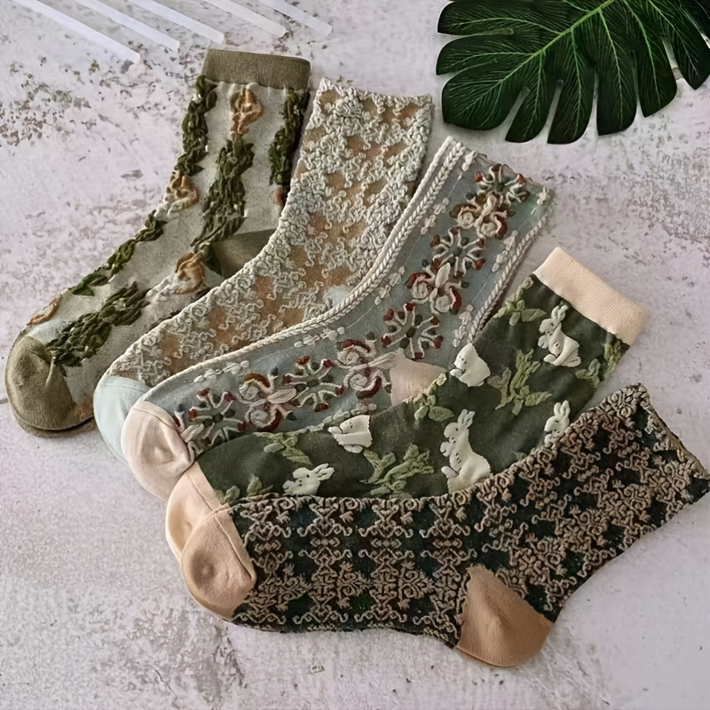 

5 Pairs Vintage Style Cotton Socks, Embroidered Texture Mid Tube Socks, Women's Stockings & Hosiery