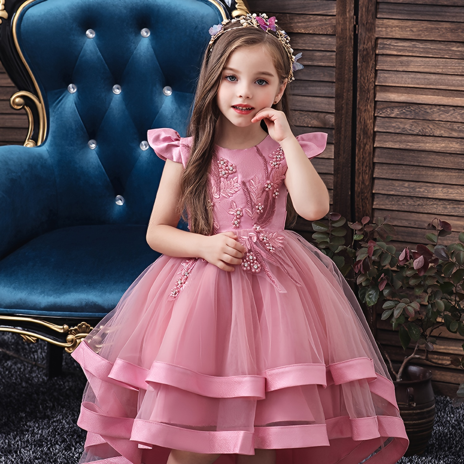 Girls Elegant Mesh Flower Embroidered Princess Dress Fly - Temu Canada