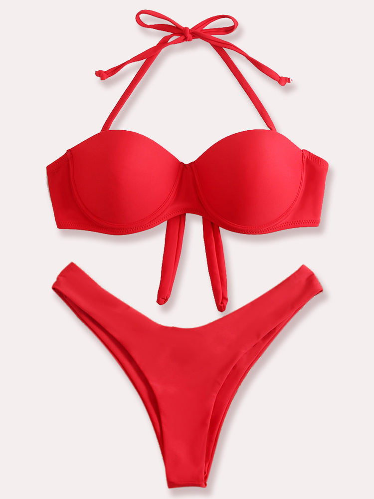 Red Bikini Women 2023 High Waist Lace Up 2 Piece Swimsuit Push Up Tight Bathing  Suit Suspender Beachwear Tankini Xy 205