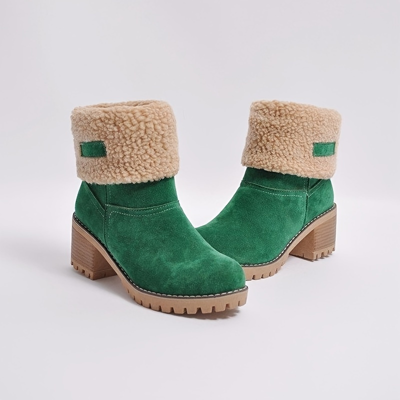 Women's Chunky Heeled Faux Suede Boots Faux Fur Warm Snow Boots Women's Footwear Clothing