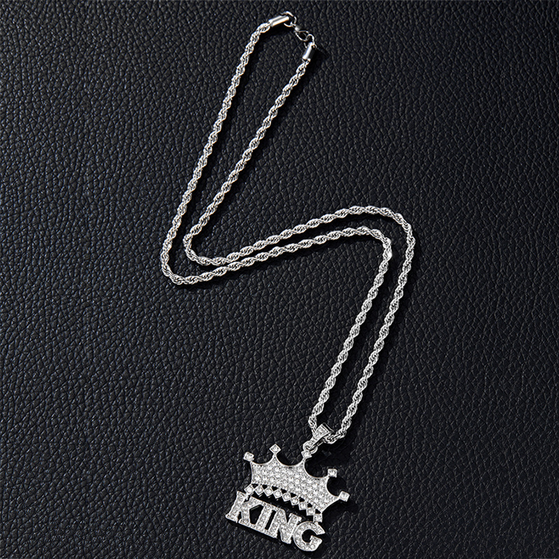 Men's Crown King Iced Out Hip Hop Pendant Necklace With 24in Long Stainless  Steel Rope Chain