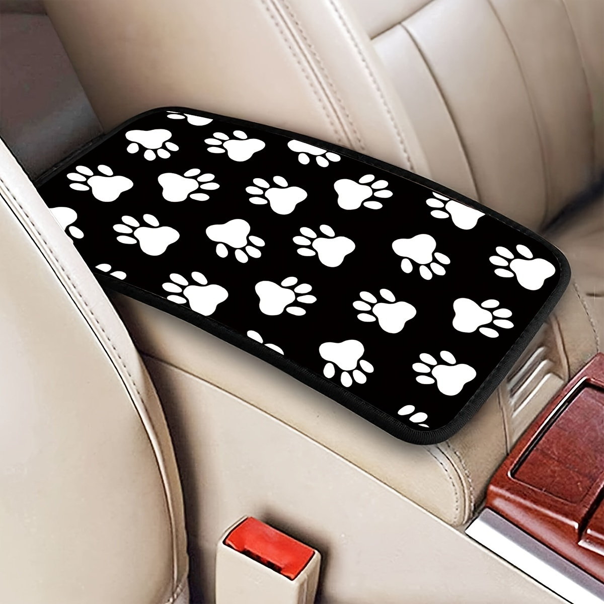 

1pc Black White Dog Paw Print Armrest Box Pad, Auto Center Console Armrest Protector Cover For Car Suv Decoration Accessories