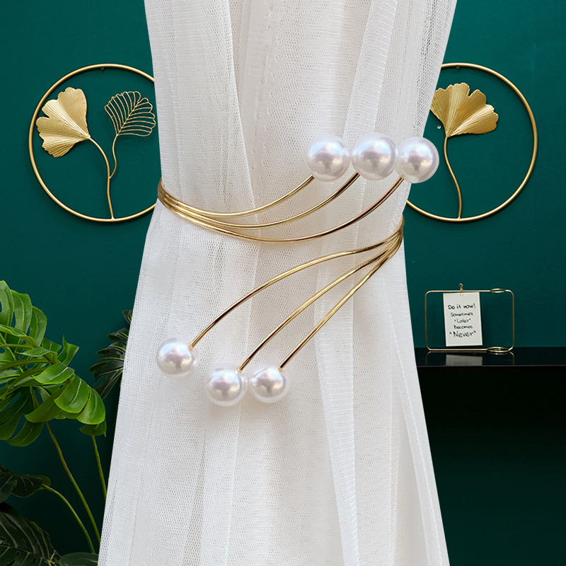 Image of Elegant Art Curtain Tiebacks With Pearls And Metal Accents, No-drill For Living Room And Bedroom