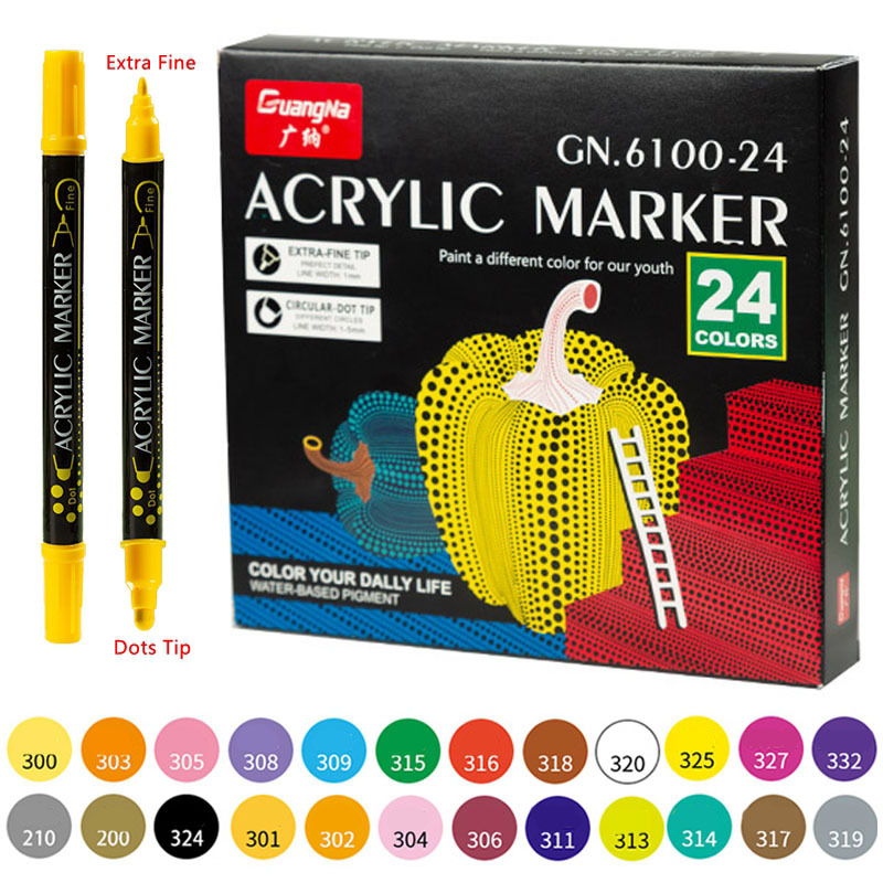 24 COLOUR DUAL TIP ACRYLIC PAINT MARKERS FINE TIP & DOT TIP