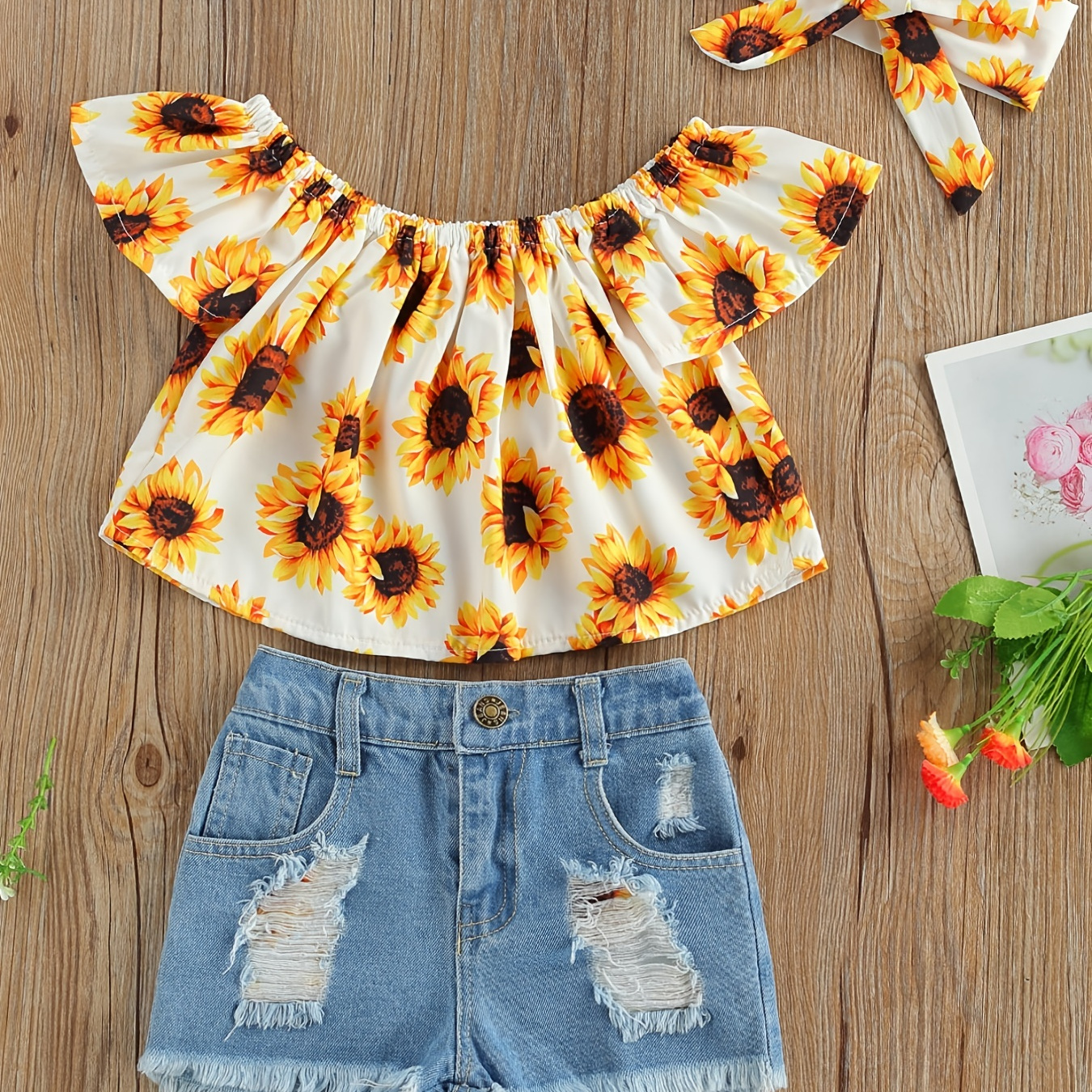 

Girls Off Shoulder Sunflower Print Top & Denim Shorts Casual 2 Pcs Kids Clothes Summer