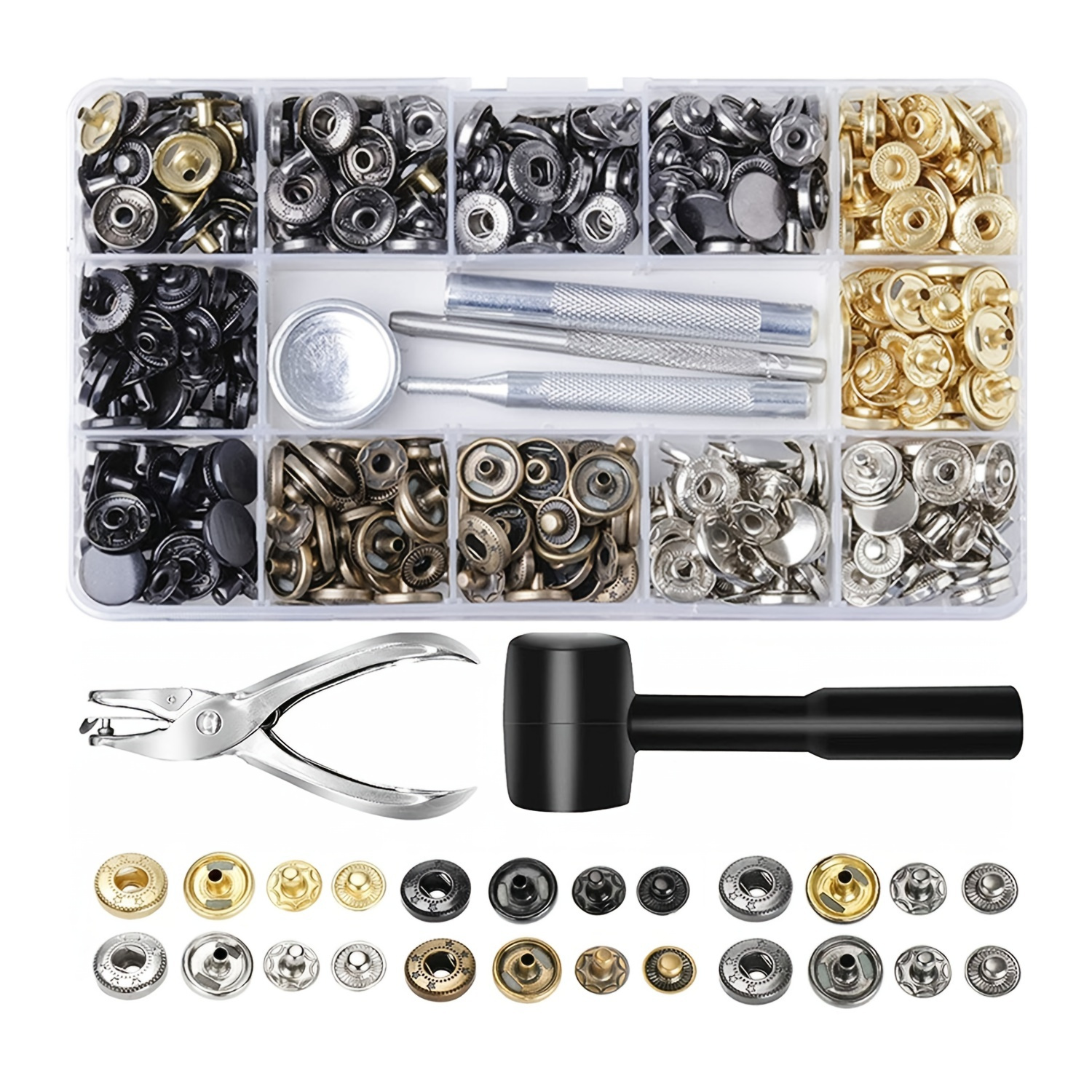 Druckknopf Set. 150tlg Kam snap Inklusive Zange und unterschiedlichen  Knöpfen aus Kunststoff und Metall 