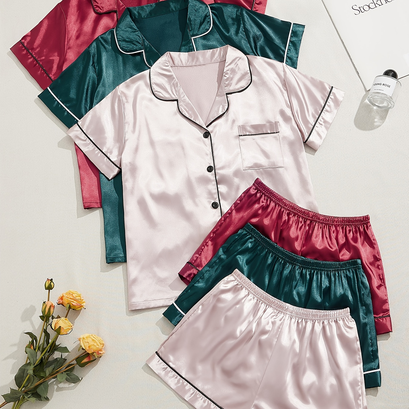 

3 Sets Satin Pajama Set, Short Sleeve Lapel Top & Elastic Waistband Shorts, Women's Sleepwear & Loungewear