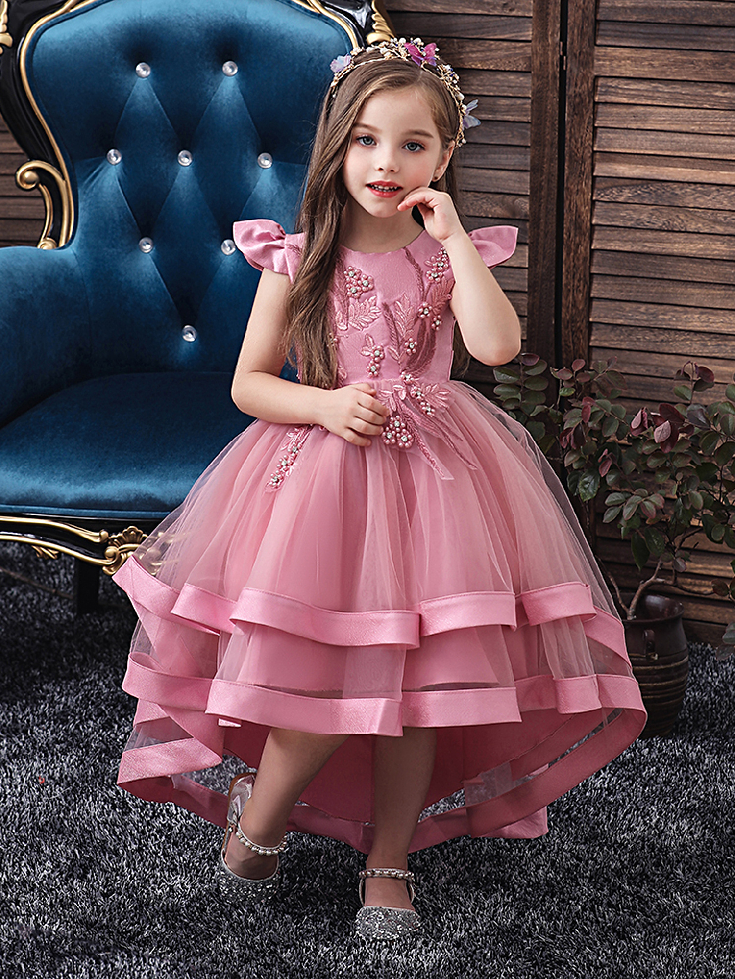 Girls Flower Embroidery Princess Dress Kids Elegant Party Clothes