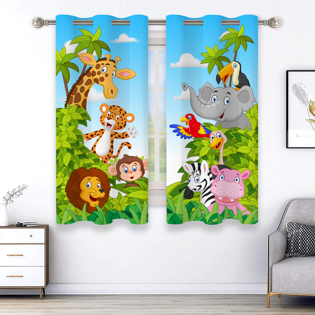 Cartoon Safari Park Curtains Happy Animal In Jungle Blackout Temu